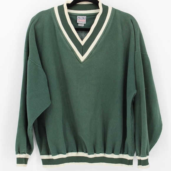 Vintage 90s Pluma XXL Green White Striped V-Neck Heavyweight Pique Sweatshirt - Picture 3 of 10